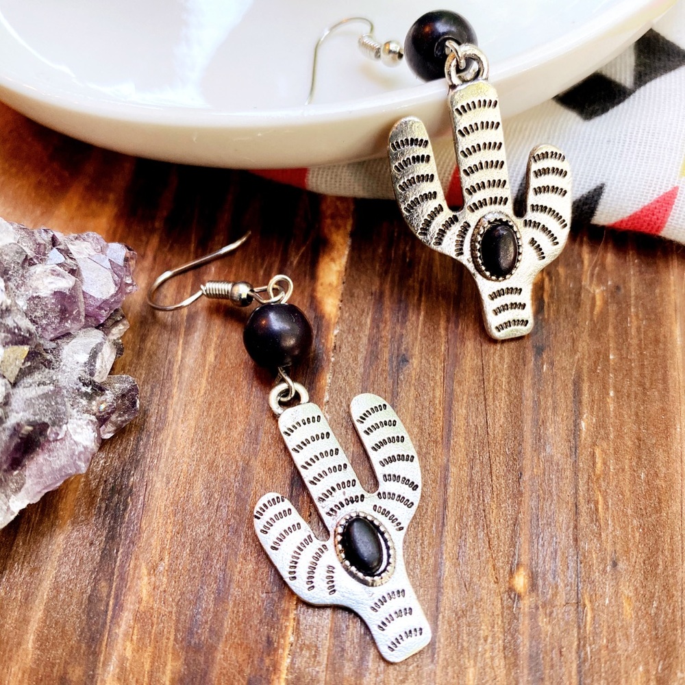 Silver Stone Cactus Boho Western Drop Earrings